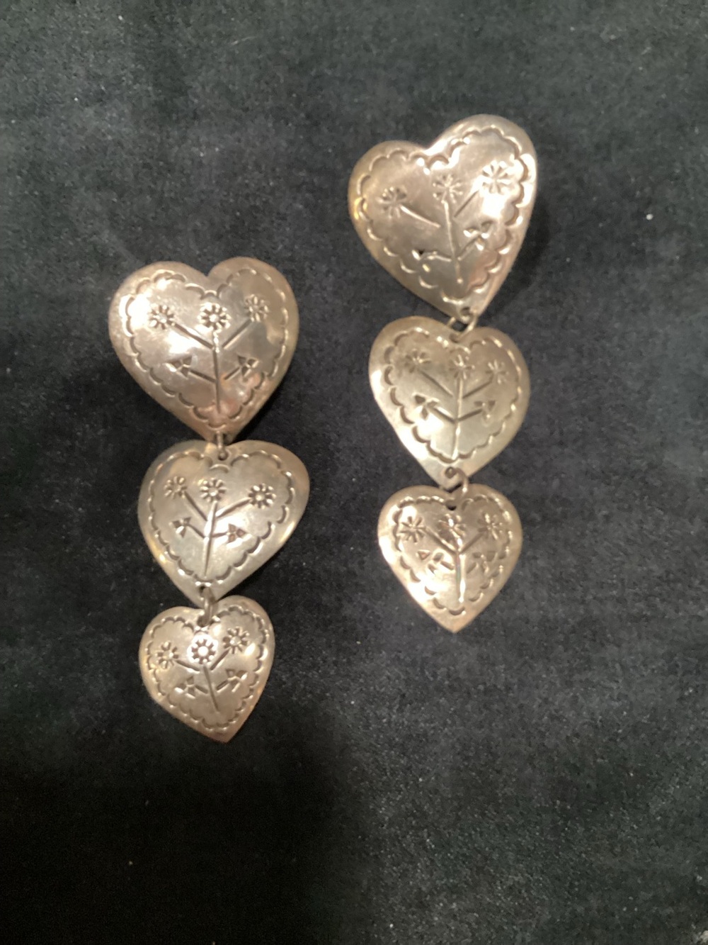 VTG 925 TAXCO Sterling Silver Graduated Triple Heart Earrings W T/Stamp